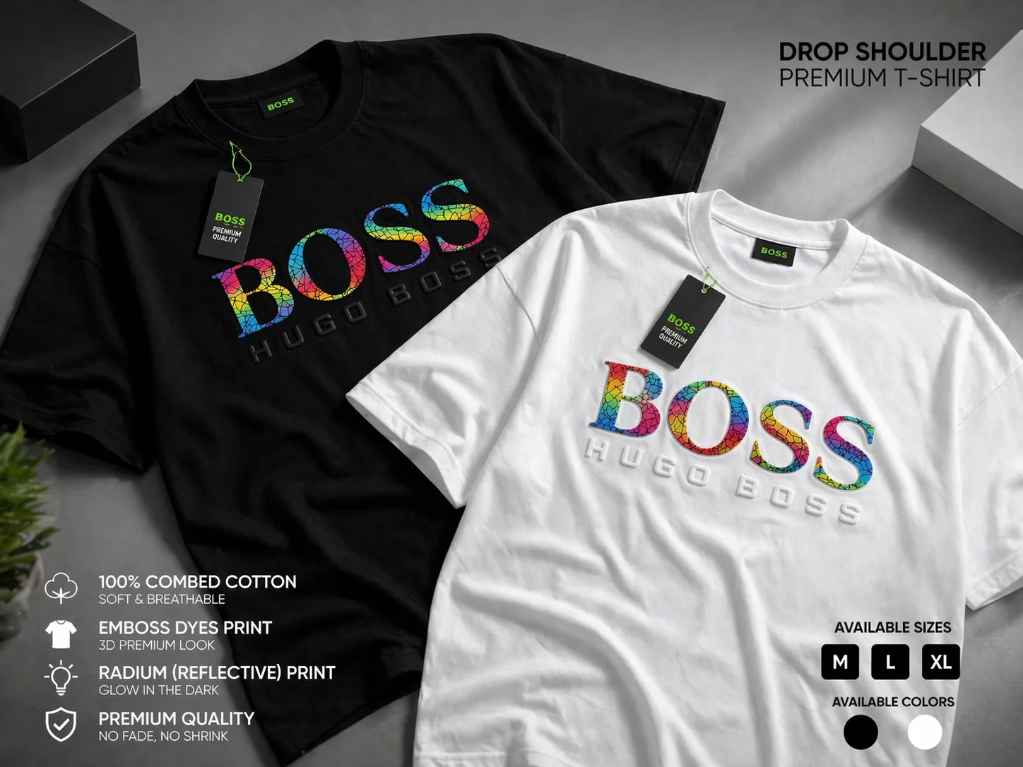 Premium Drop Shoulder T-Shirt – Emboss & Radium Print | ROYAL MART Combo Pack