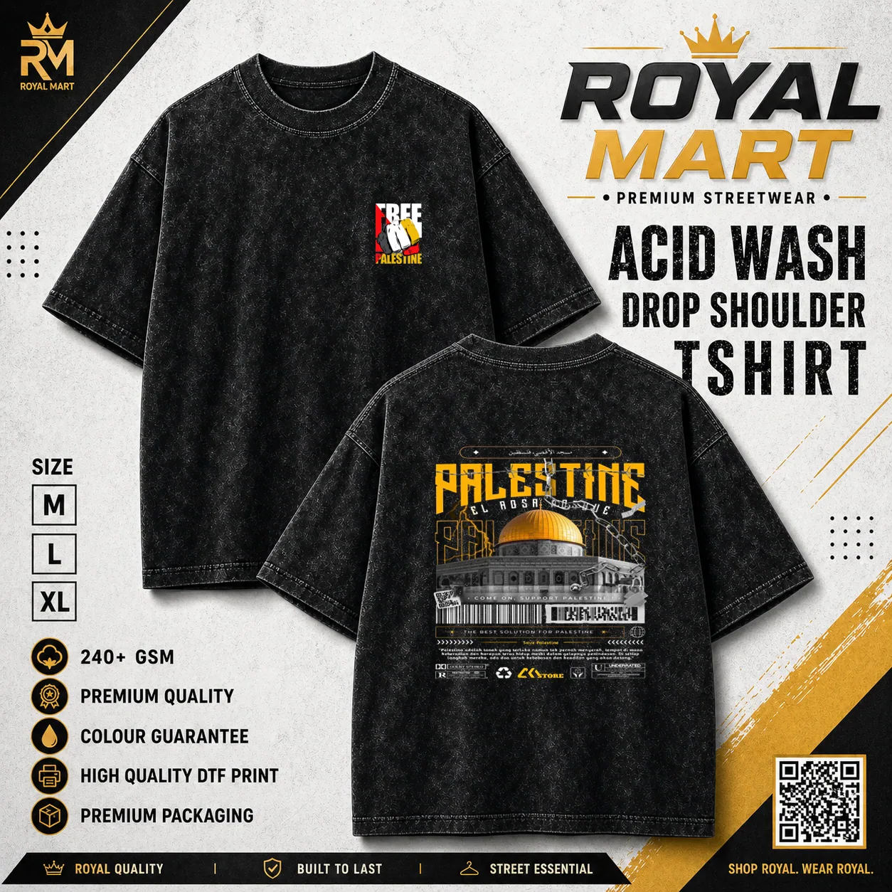 Palestine Acid Wash Drop Shoulder T-Shirt