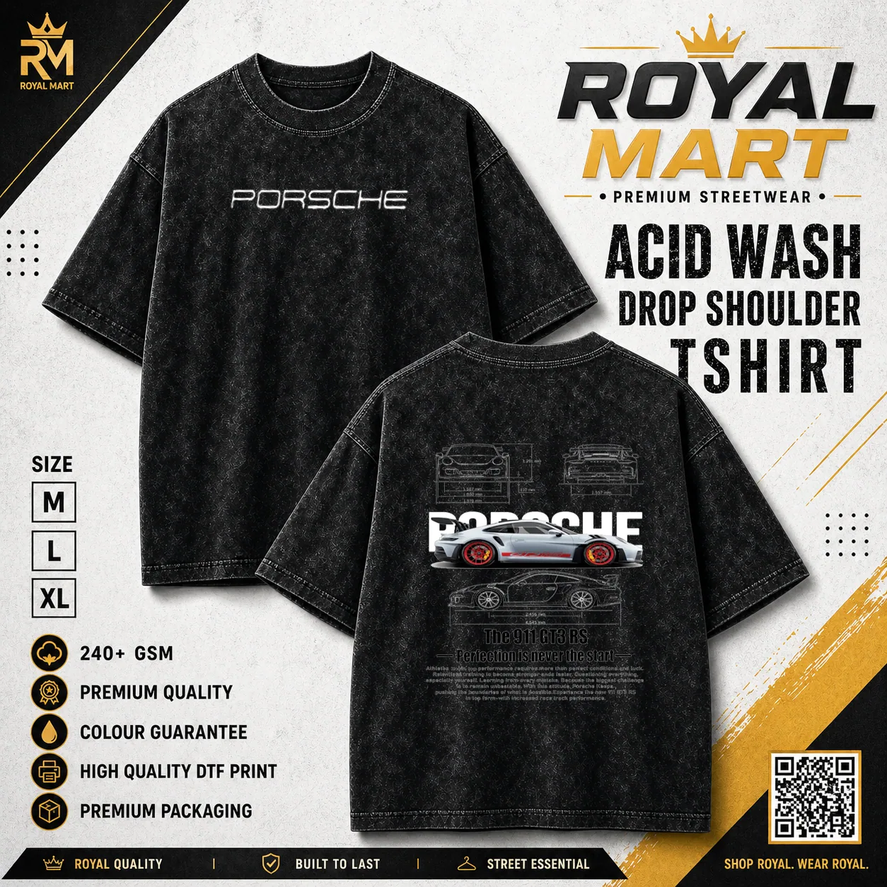 Porsche Acid Wash Drop Shoulder T-Shirt